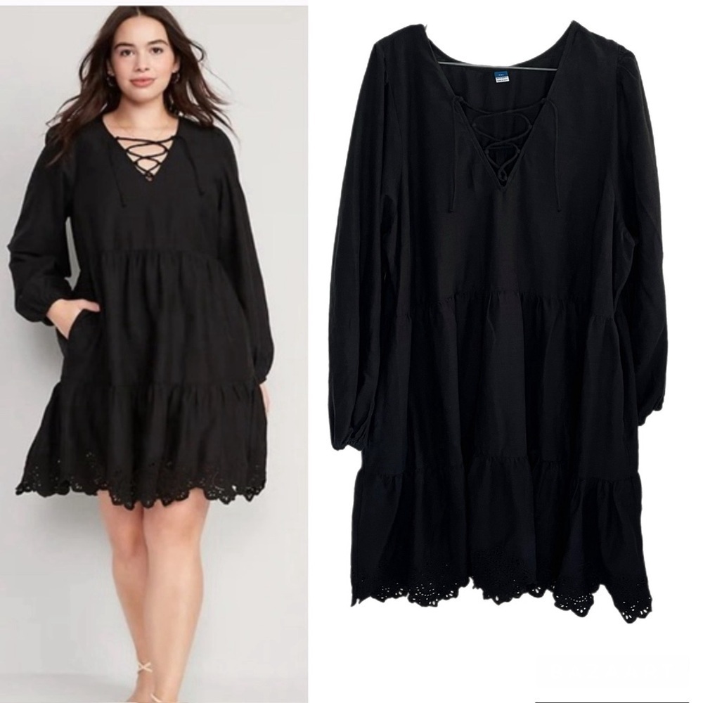 Old Navy Black Tiered Broderie anglaise Cutout Lace Tiered Swing Mini Dress